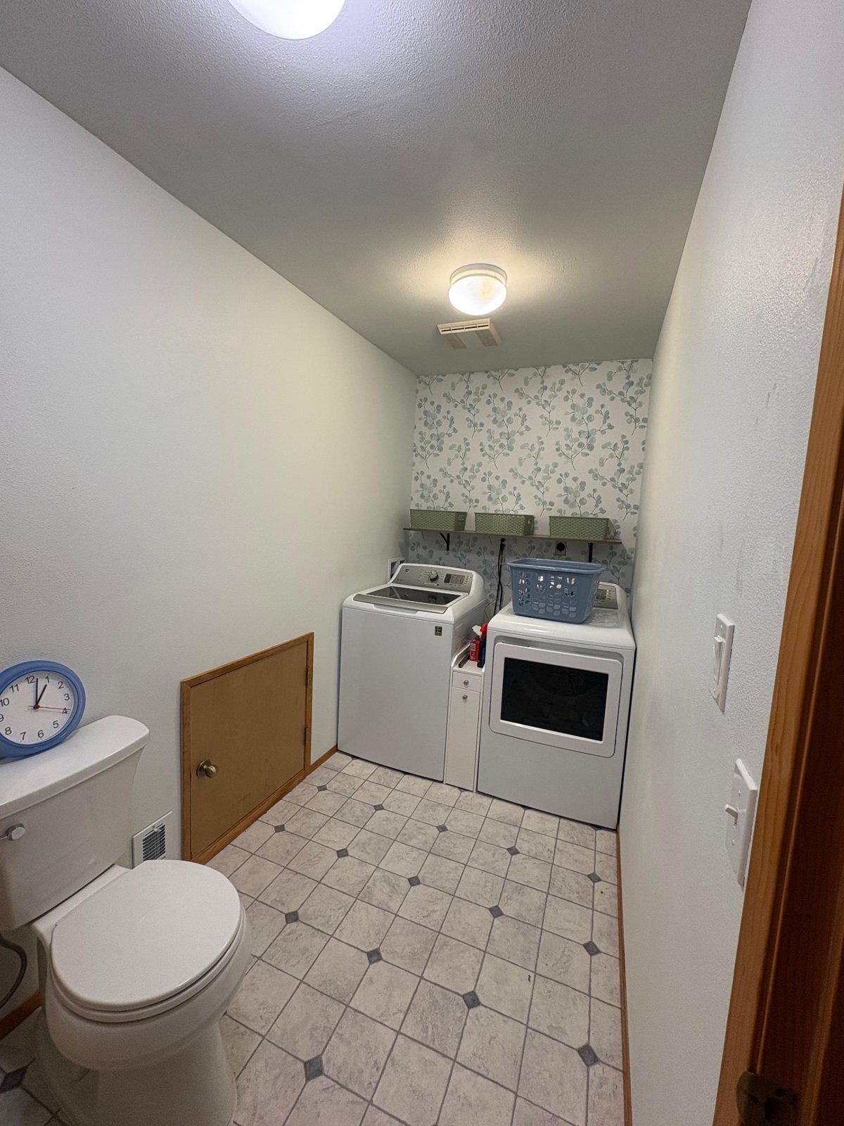 Laundry room with botanical accent wall